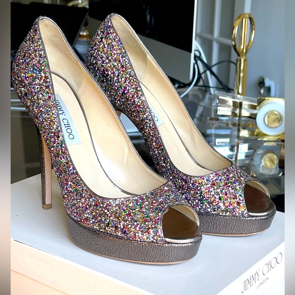 Jimmy Choo Coarse Glitter Multi Color Platform Stiletto Sz-39 (US-9) 100% Auth